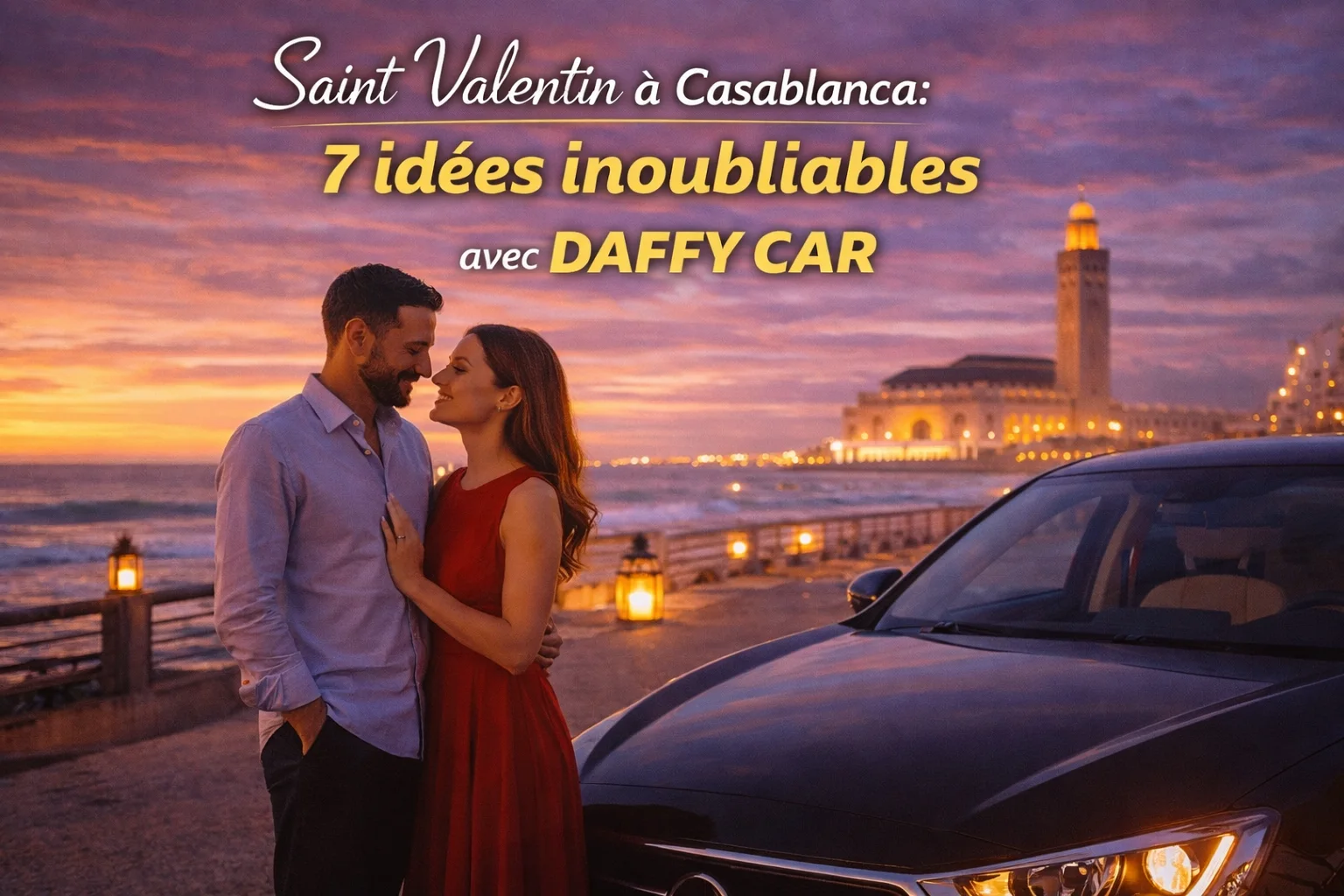 Saint Valentin à Casablanca avec Daffy Car, couple romantique dans une voiture de location